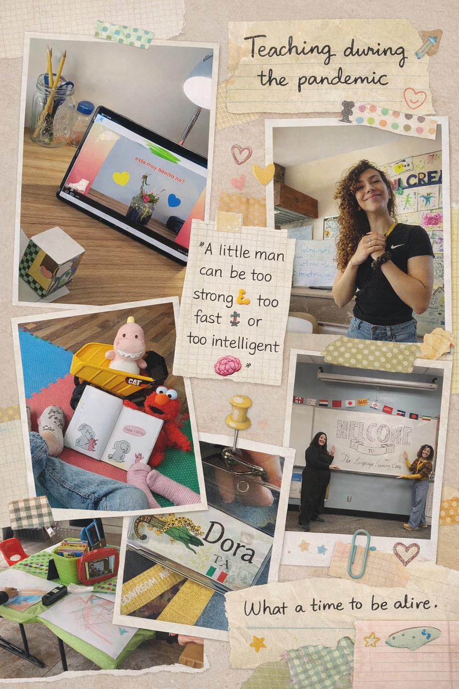 A scrapbook collage of Dora's teaching journey: pandemic classroom, Language Learning Centre, students' iPads and artwork